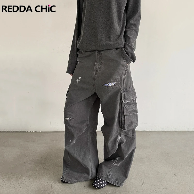 

REDDACHiC Boyfriend Gray Cargo Jeans Women Big Pockets Do Old Plaid Patched Low Waist Wide Leg Pants Vintage Grunge Streetwear