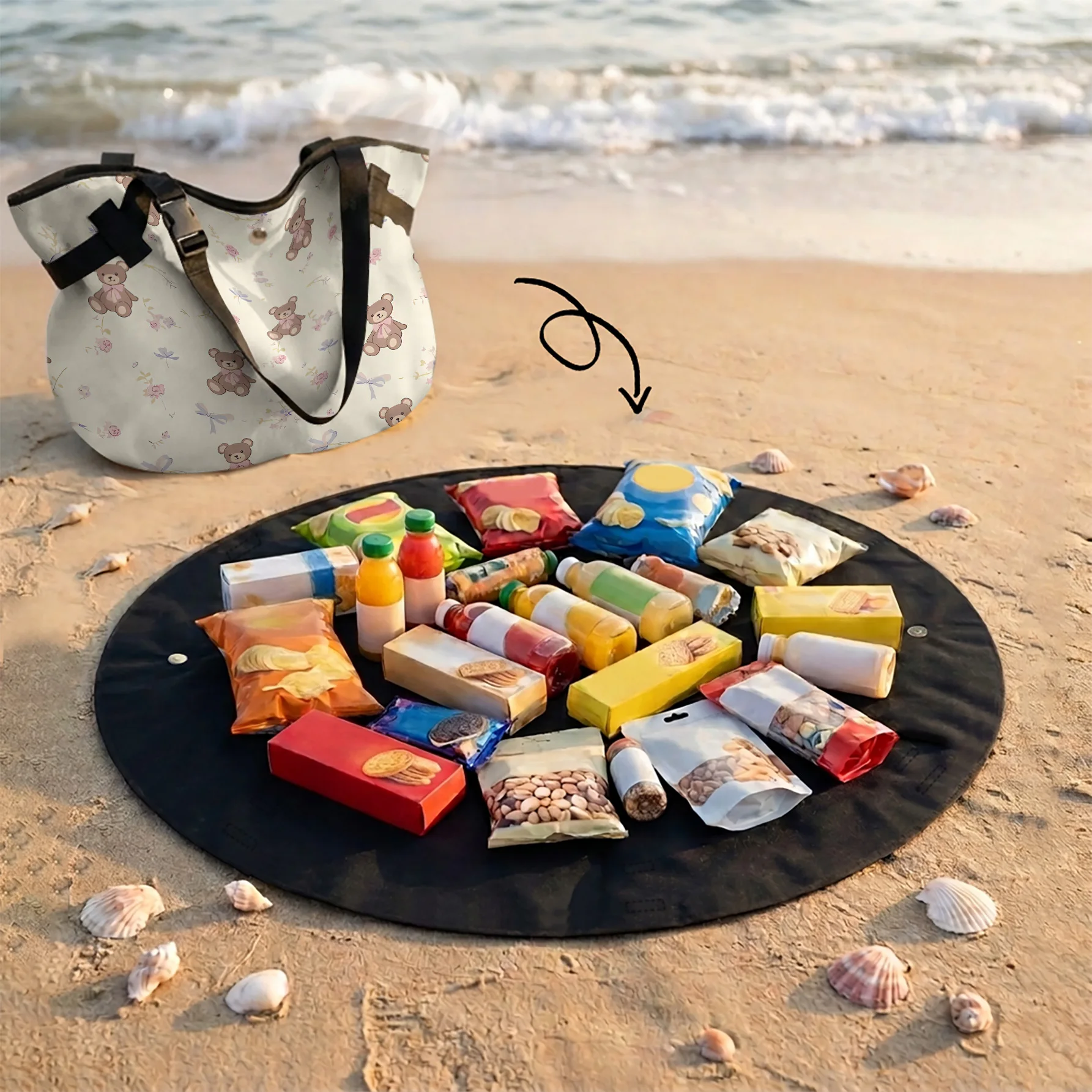 Bear Floral Print 2 In 1 Tote Bag & Round Picnic Mat, Waterproof Foldable Mat For Camping Beach Picnic Travel