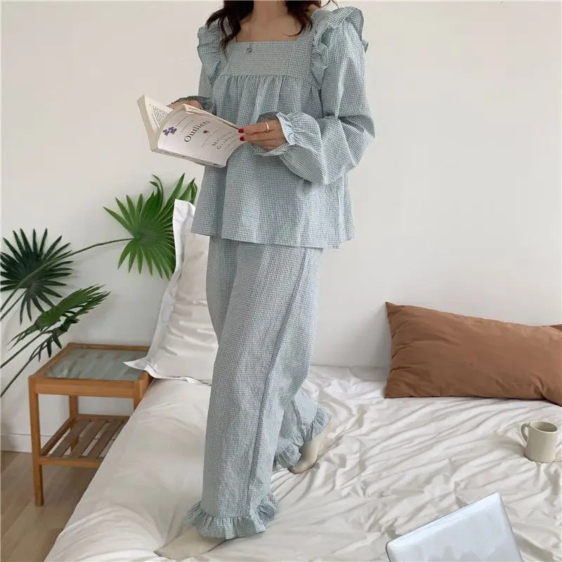 Pajama Sets Women Sleepwear Ins Japanese Style Sweet Fall Plaid Ruffles Long Sleeve Full Length Lovely Home Cozy Pyjamas Female