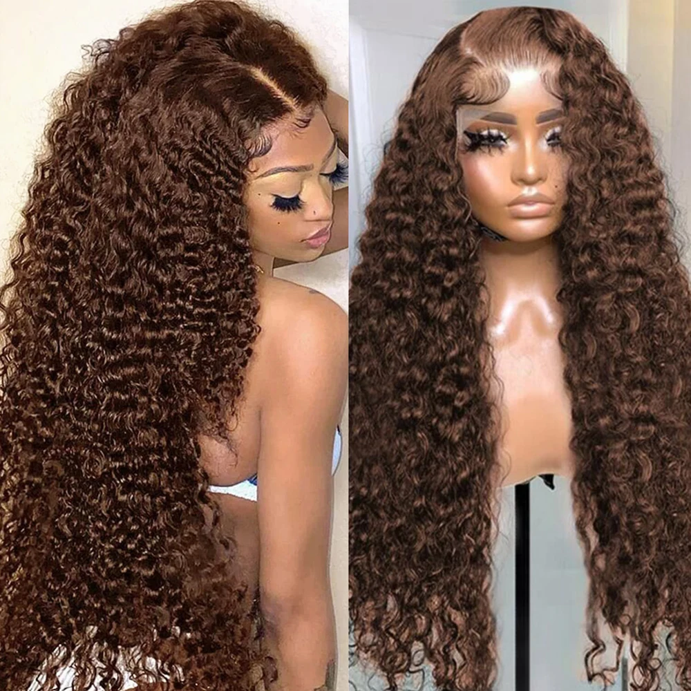 

13x4 Brown Wig Deep Wave Lace Frontal Wig Transparent Lace Front Human Hair Wig Deep Curly Lace Front Wigs 4x4 Closure Wig