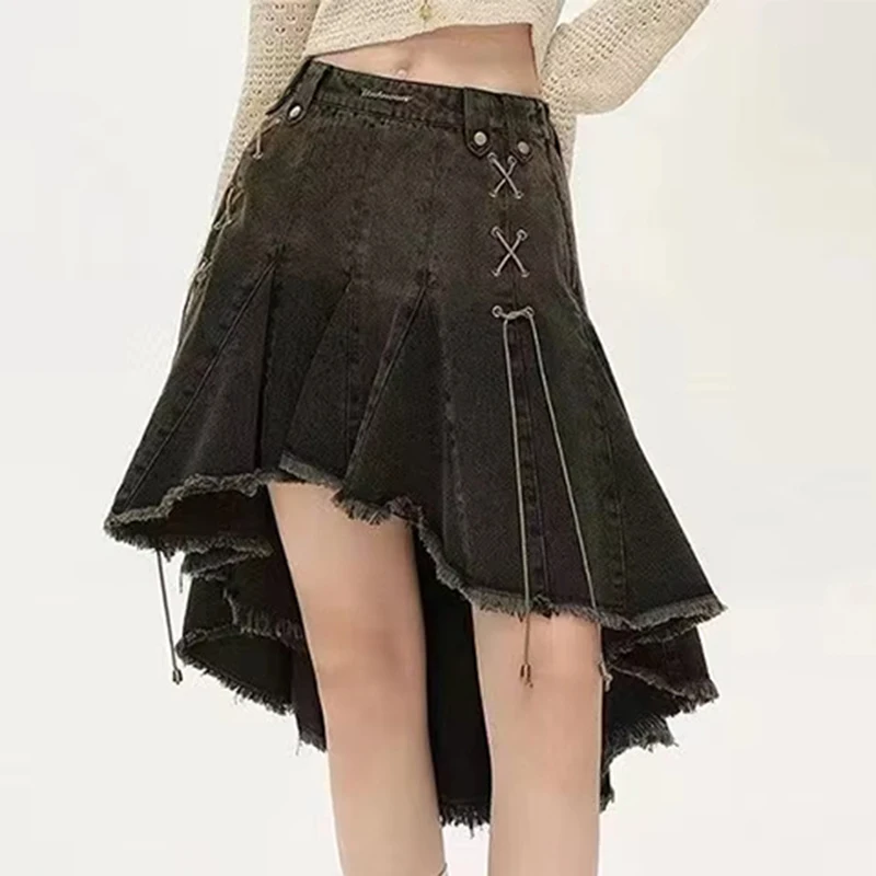 MEXZT Y2K 데님 미니 스커트 여성 하라주쿠 빈티지 비대칭 청바지 스커트 여름 Gyaru Grunge 2000S Bandage Pleated Faldas New