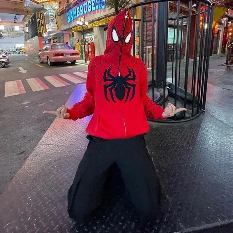 Sky02 หลวมHooded Sweatshirt Y2kผู้ชายSpiderพิมพ์Hoodiesผู้หญิงHip Hopซิปเสื้อแขนยาวเสื้อแจ็คเก็ตฤดูใบไม้ร่วงฤดูหนาวHara88Ji