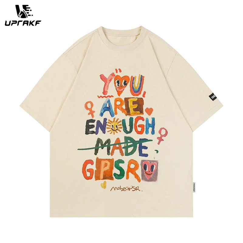 UPRAKF Colorful Letter Print Streetwear T Shirts Oversize Loose Short Sleeve Tee Summer Harajuku Cotton Round Neck