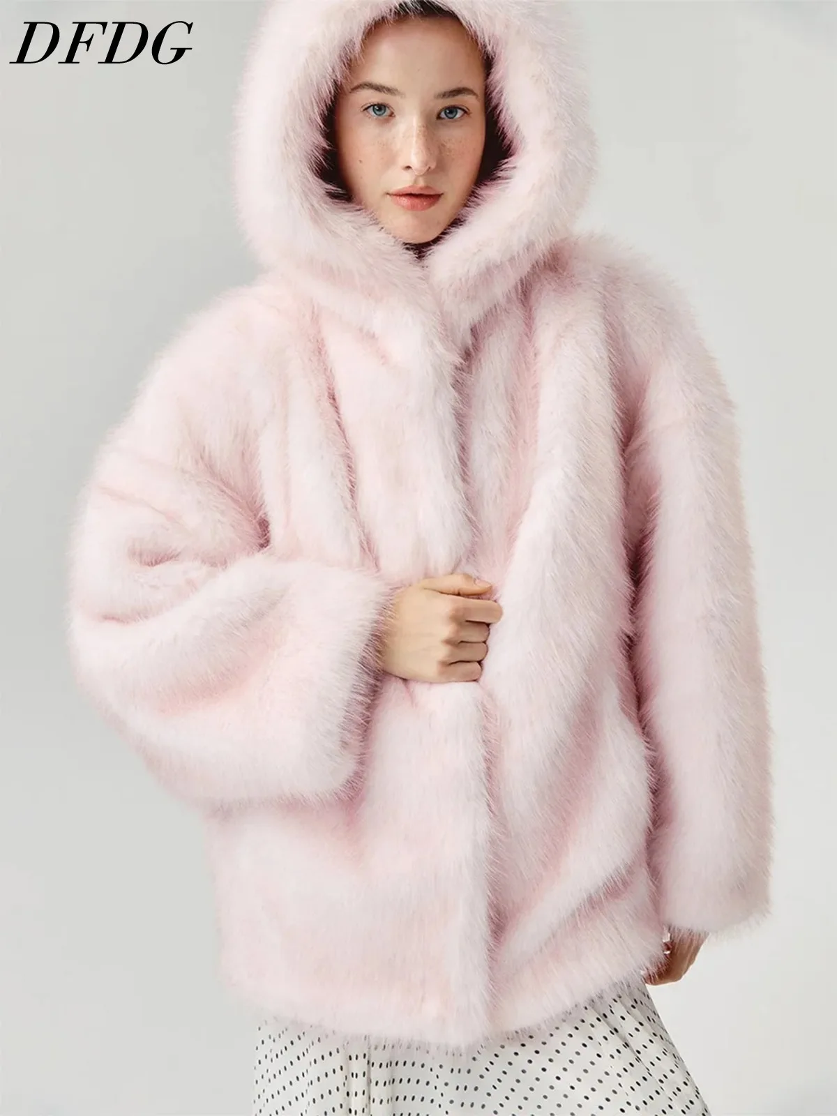 DFDG 2026 Women Hooded Faux Fur Coat Loose Plush Long Sleeve Outerwear Warm Fluffy Jacket For Winter Vacation Casual Wear Fur