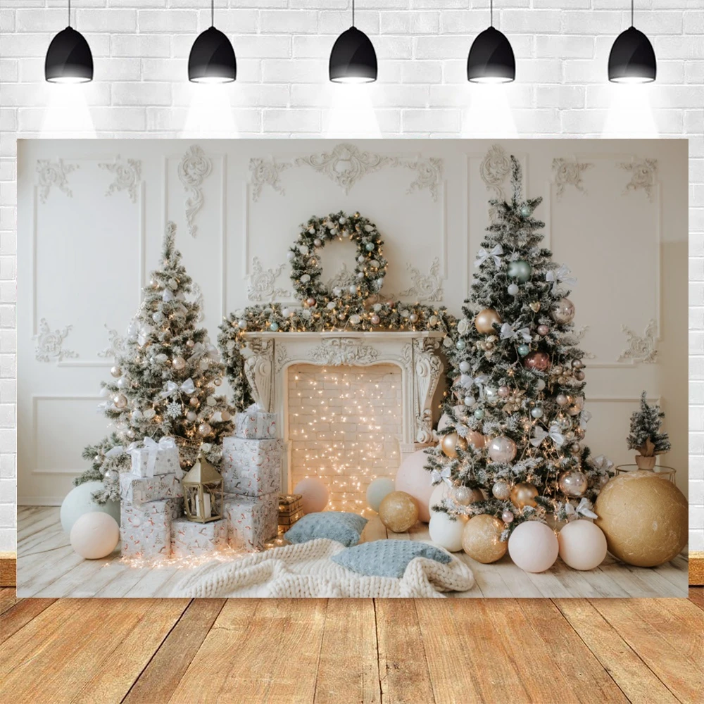 Christmas Backdrops Window Fireplace Xmas Tree Gift Bear Winter Family Holiday Party Photography Background Photo Studio Props