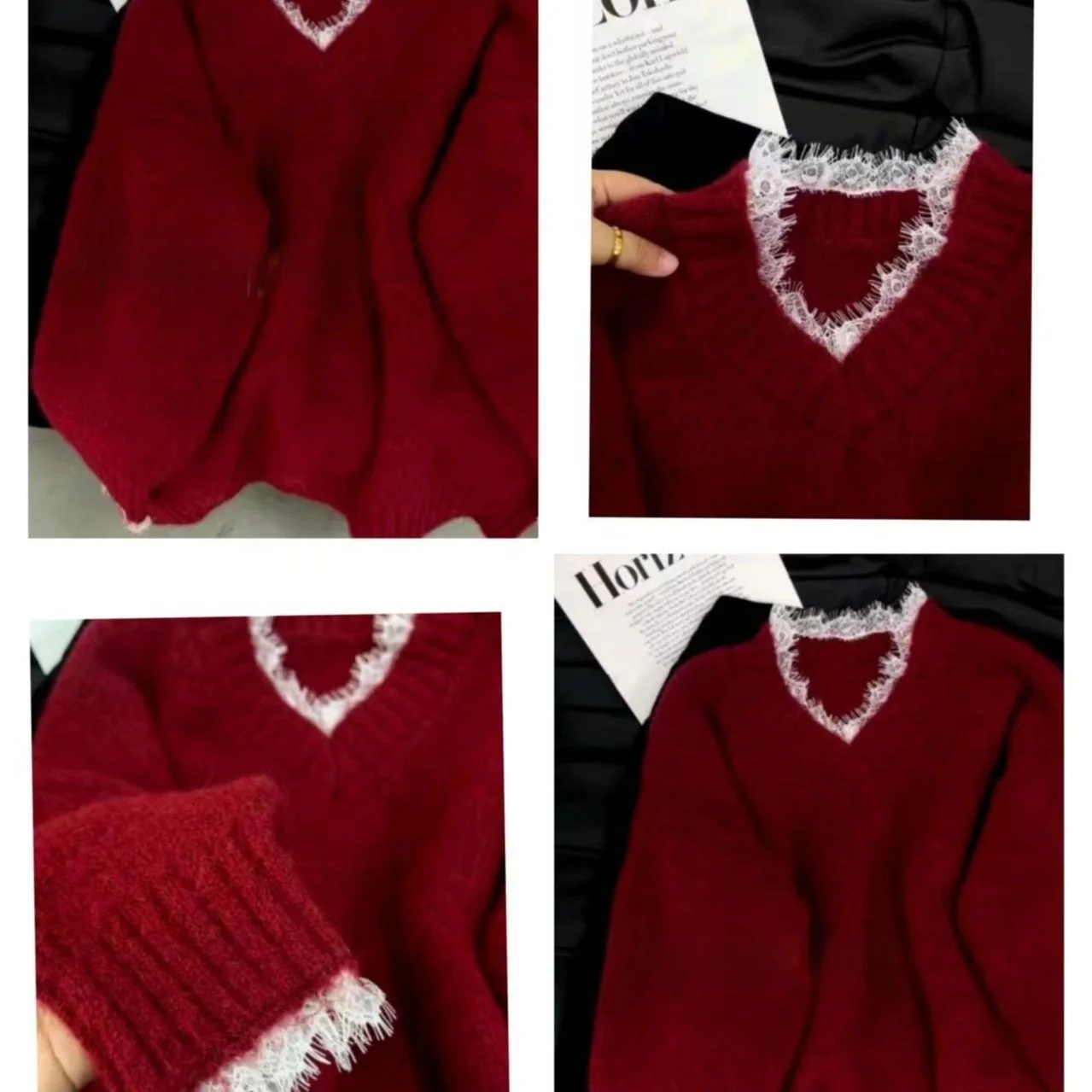 Ele V-Ne ニットセーター レディース 秋冬 レーストリム フェイクツーピース ルーズフィット 快適なロングスベトップ