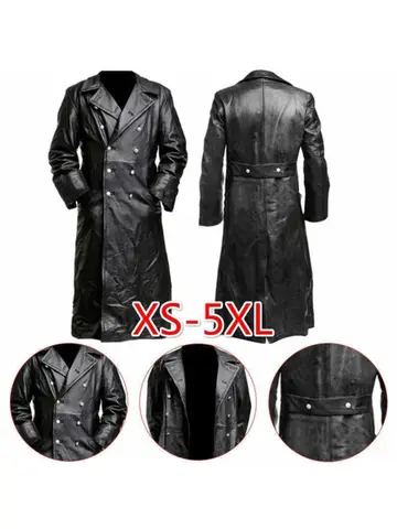 MEN'S GERMAN CLASSIC WW2 MILITARY UNIFORM OFFICER BLACK LEATHER TRENCH COAT