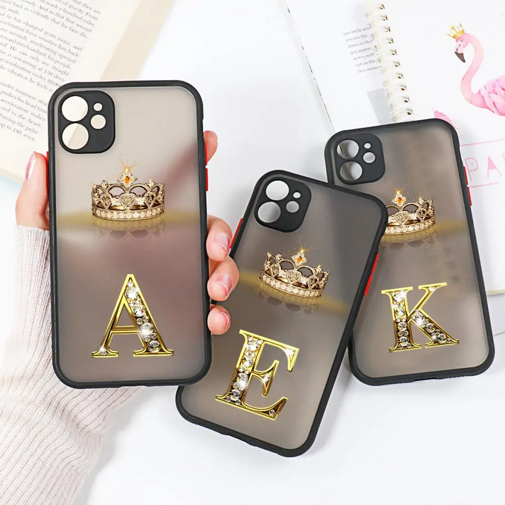 

Diamond Crown Initial Letter A E K M Coque iPhone14 Case For iPhone 11 13 14 12 Pro Max Mini XS XR SE 7 8 Plus Clear Matte Cover