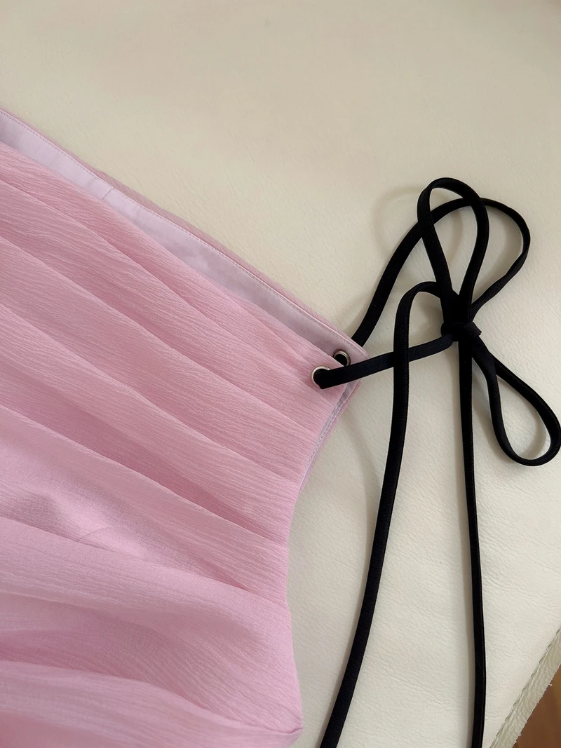 Vestido Corto de Cintura Alta con Tirantes y Lazo Rosa, Falda Pada para Mujeres de Baja Estatura, Falda en Línea A a la Mo...