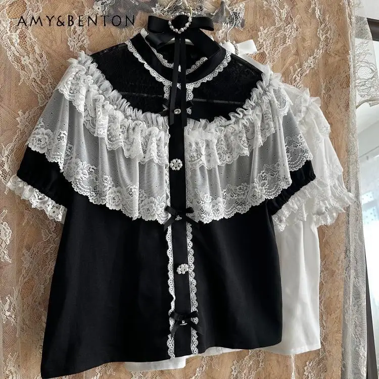 Mine Series Mass-produced Japanese Lace Cloak Heavy Industry Splicing Sleeves Short-sleeved Shirt Subculture Lolita Shirt Woman