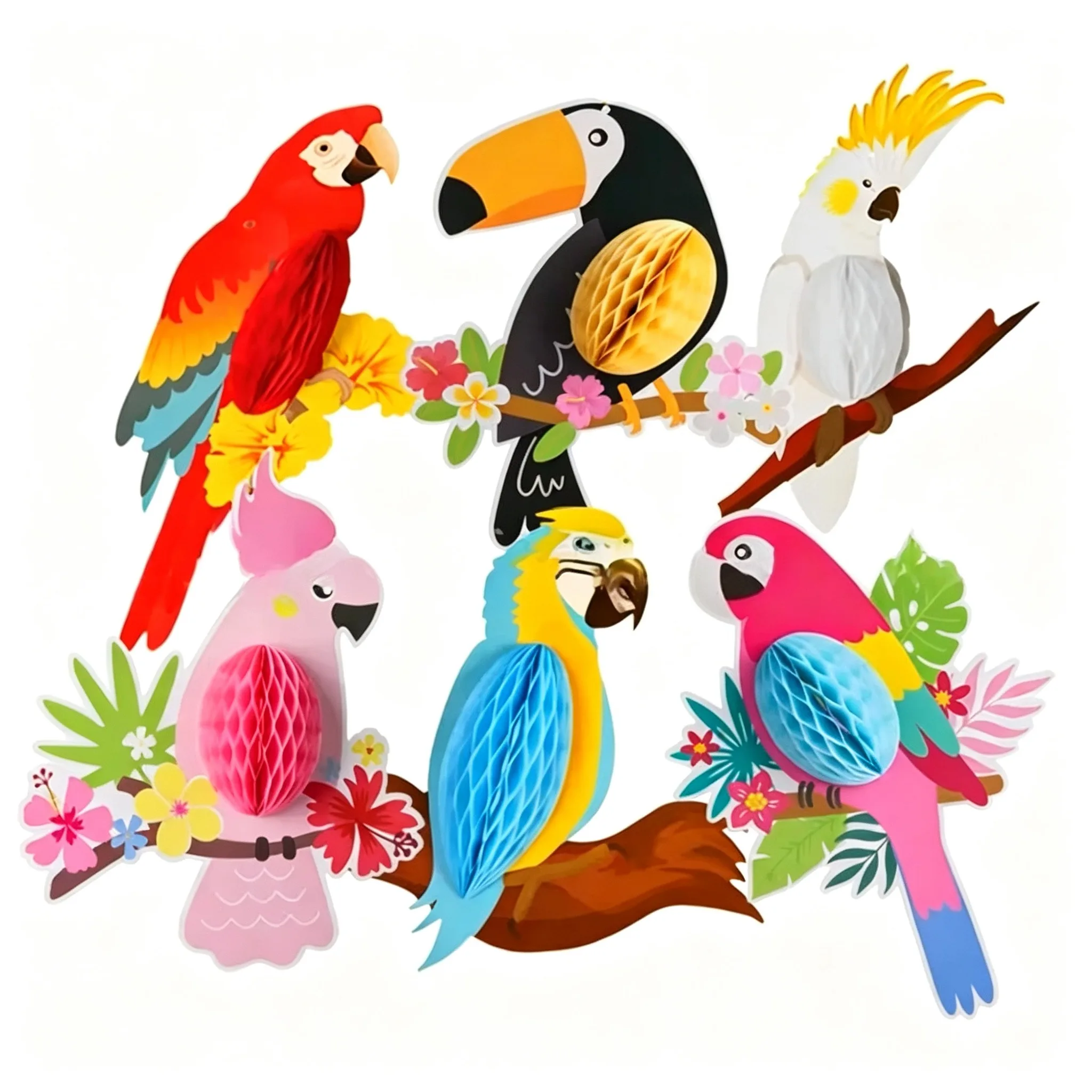 6Pcs Parrot Honeycomb Ball Hanging Decor, Ideal for Tropical Party, Luau Festival, Home Decoration and Ceiling Scene Layout