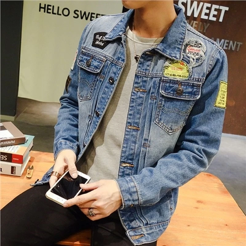 Male Jean Coats with Print Wide Shoulders Light Ripped Hole Men's Denim Jacket Autumn in Lowest Price Lxury One Piece Original