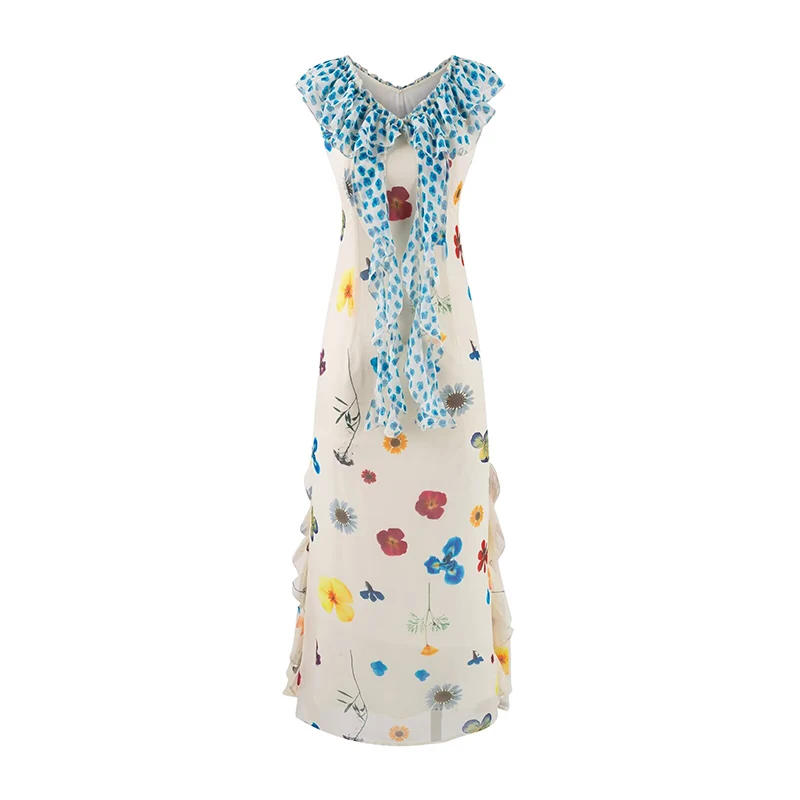 YENKYE الحلو الأزهار طباعة عطلة فستان طويل لعام 2026 المرأة كشكش بلا أكمام الخامس الرقبة ألف خط فساتين الصيف ماكسي رداء #1