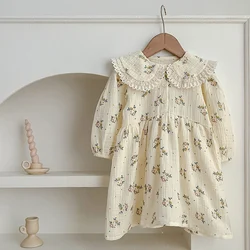 Autumn Baby Girls Floral Printed Dress Toddlers Embroidery Lace Ruffled Collar Dress Kids Cotton Princess Dresses Korean Style