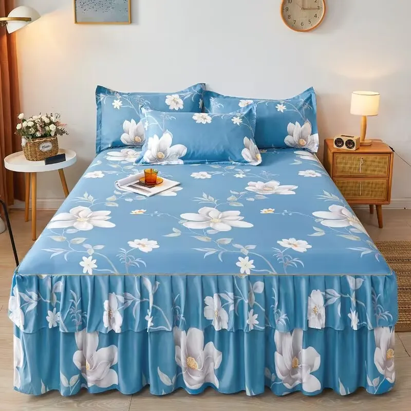 

Print Soft Bed Skirt Home Bedroom Double Layers Bed Skirt Bedsheet Bed Cover Skirt Non-slip Mattress Cover Couvre Lit Bedspread