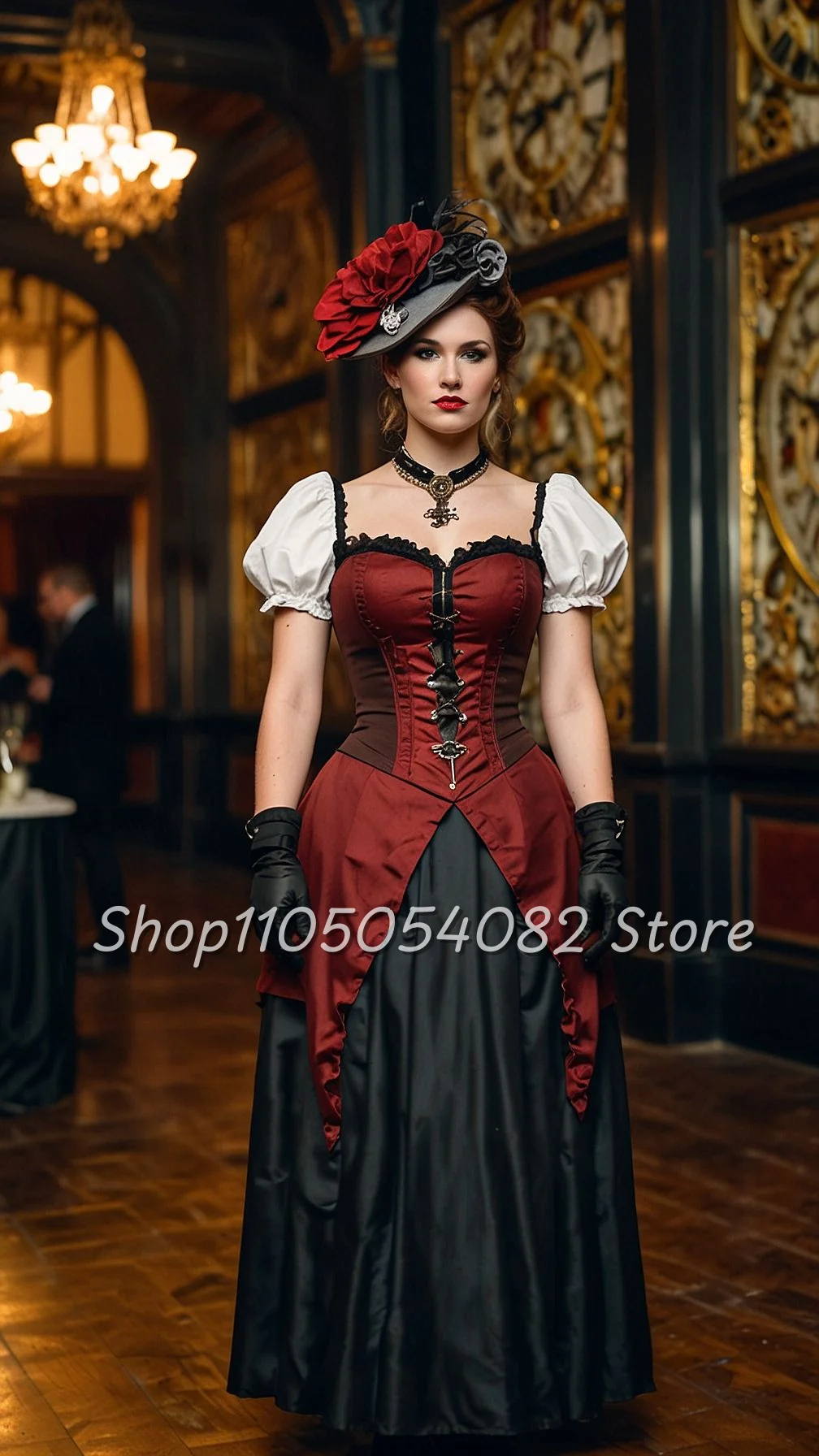 

Medieval Vintage Ball Gown V-neck Puffed Short Sleeves V-neck Lace Trim Cross-Stitch Pleated Floor Evening Dress customized