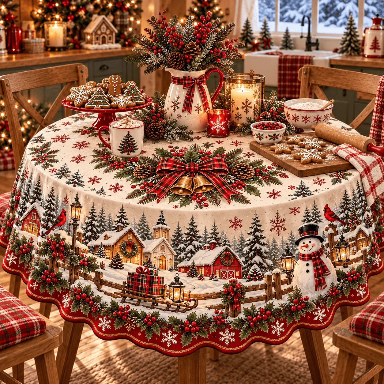 1 round tablecloth, Christmas snow town theme polyester tablecloth, red, white and green classic Christmas color scheme