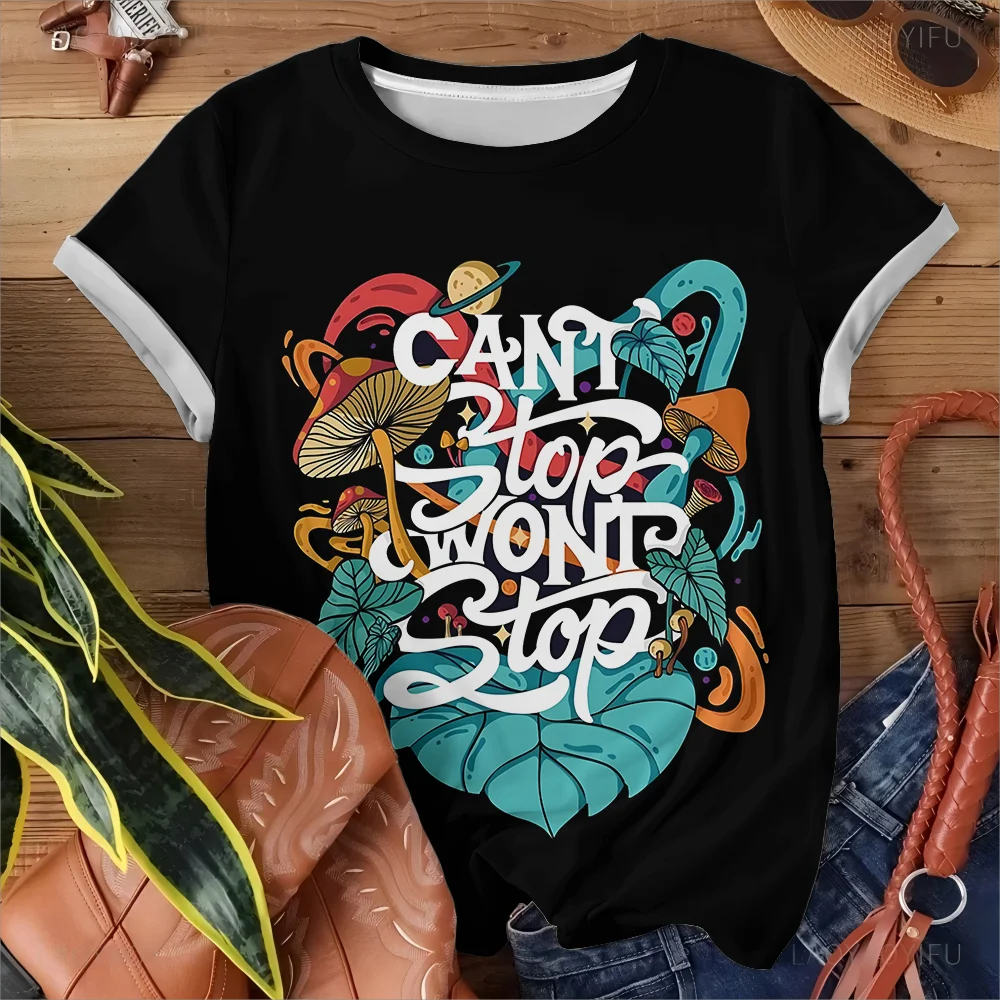 Plant Mushroom Black Pattern Women's T-shirt - Art Street Style Casual Fashion Comfortable Short Sleeve - Image 4