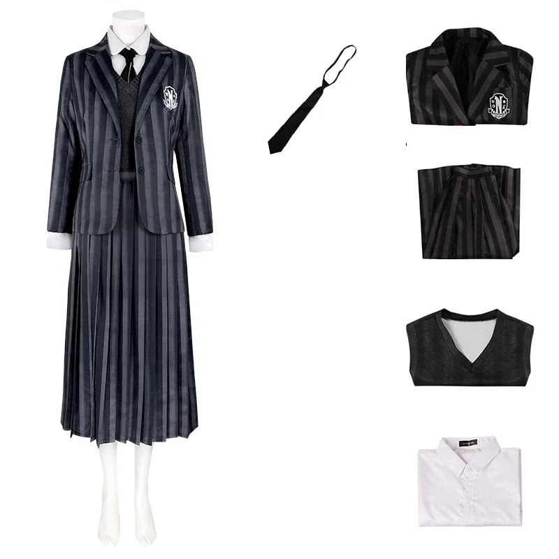 Wednesday Addams Cosplay Costume for Girls Kids Wednesday School Uniform Wig Full Suit Halloween Party Women Clothes Costumes