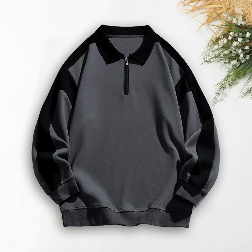 

Men Teenager Contrast Color Sweatshirt Lapel Zipper Neckline Long Sleeve Sport Casual Tops Loose Fit Pullover Tops