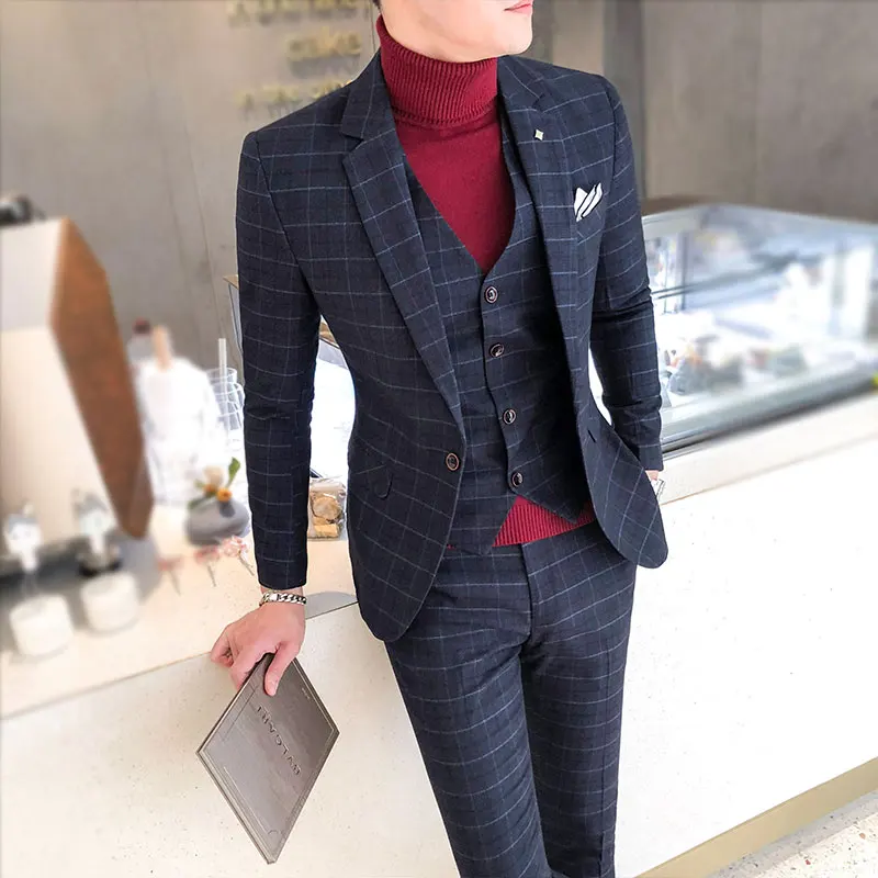 

High Quality 2024 New Men's Fashion Business Wedding Plaid Suit (suit + Vest + Trousers) Casual and Handsome Three-piece Set