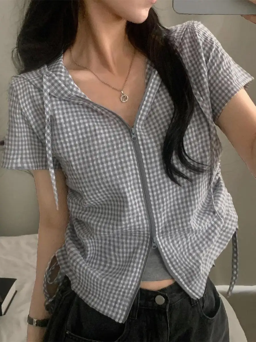 

Chic Summer Anti-Aging Retro Design Zipper Short Sleeve Drawstring Hooded Plaid Shirt Jacket Women's Slim Fit Short Length
