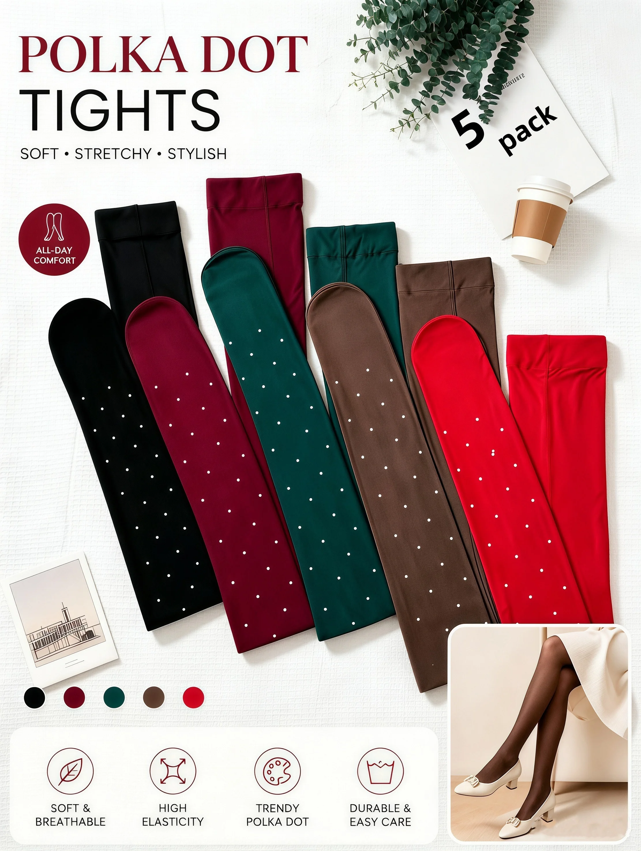 5 Pairs Retro Tiny Polka Dot Colorful Tights Silky Smooth Buttery Soft Fabric High Stretch Ideal for Commuting Dates Street