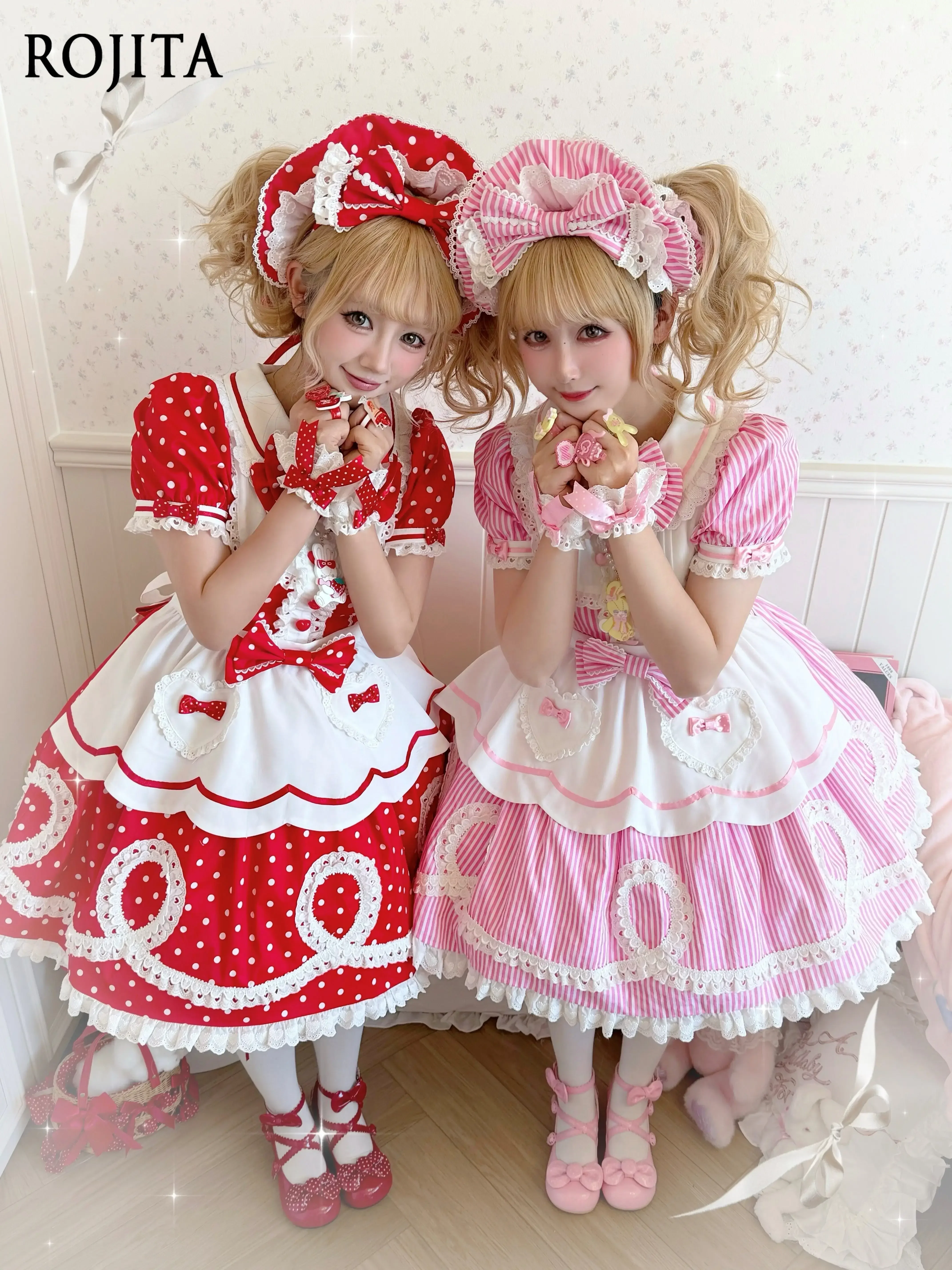 Sweet Pink Stripe Lolita OP Dress Short Puff Sleeve Heart Lace Apron Bow Decor Kawaii Princess Women Lolita Outfit