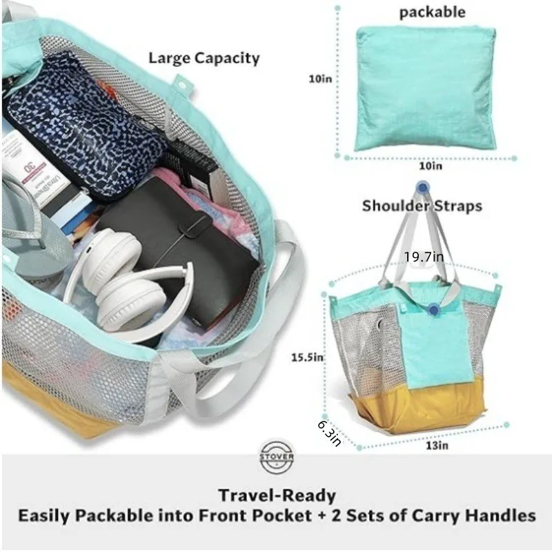 ‌Large Capacity Mesh Shoulder Bag Waterproof Travel Organizer with Multiple Compartments Portable Beach Bag for Outdoor/Shopping