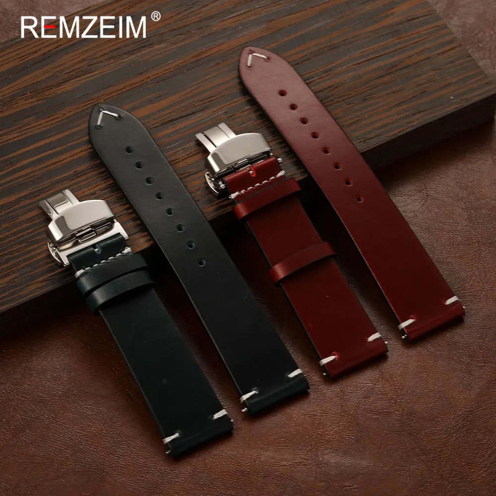 Bracelet de montre en cuir véritable huilé avec boucle papillon pour homme, barrettes à ressort à dégagement rapide, 18mm 20mm 22mm, style vintage décontracté