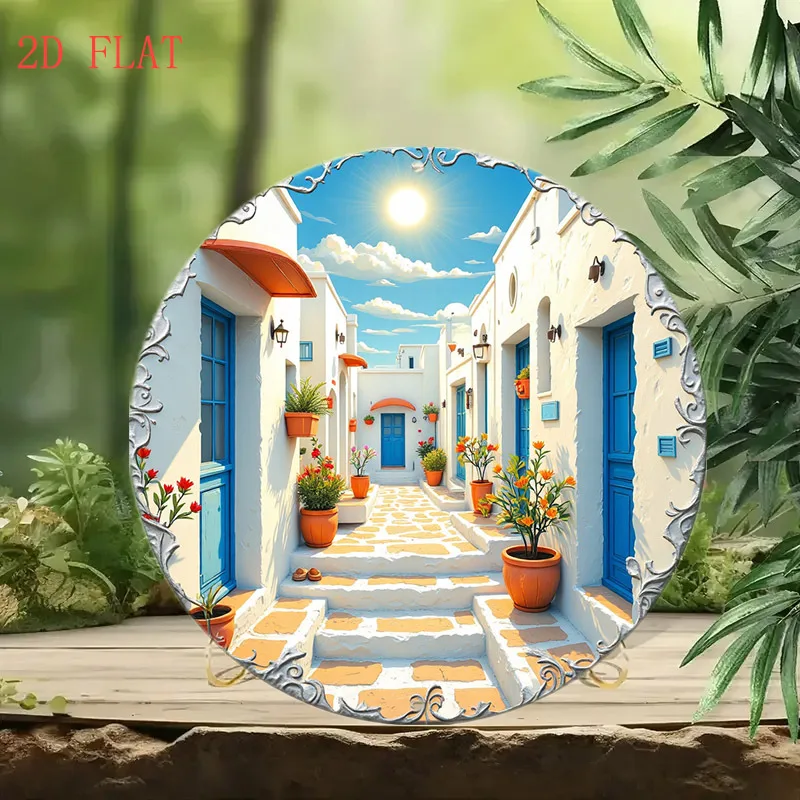 1pc Mediterranean Village Wall Art - Greek Island House Painting with Blue Doors & Floral - Scratch/UV/Flame Resistant, Lightwei