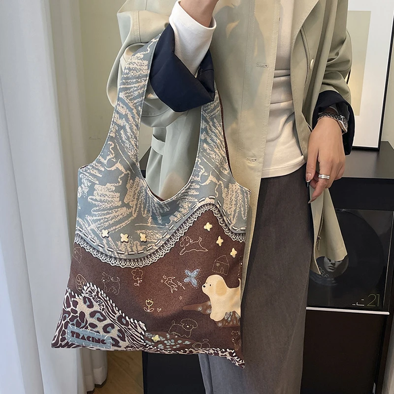 

Retro Leopard Print Tote Bag Creative Puppy Print Canvas Bag Stylish Casual Shoulder Bag Eco-friendly Shopping Bag Women Handbag