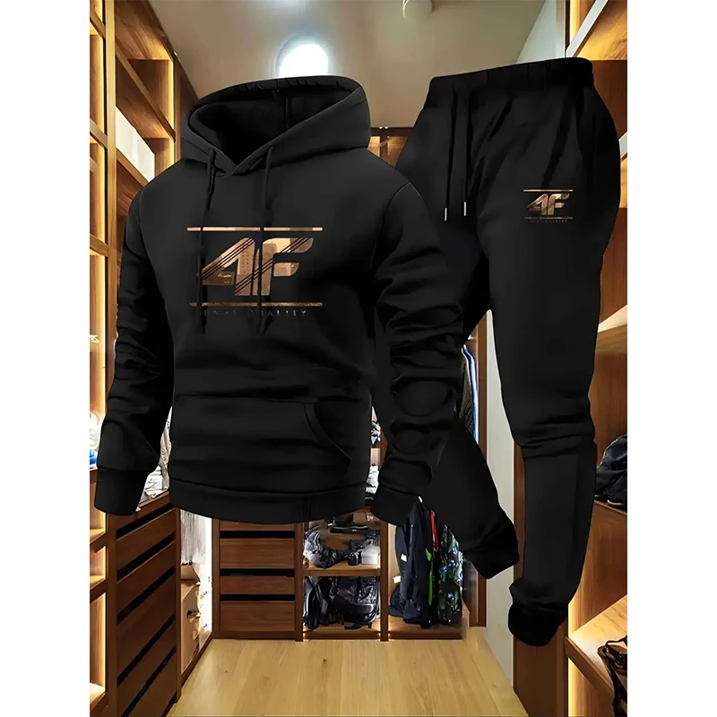 Herren 4F Print Hoodie Jogger Set Eco Soft Fabric Casual Sportswear Beige Schwarz Gym Lounge Outdoor Trainingsanzug Trainingsanzug Herren