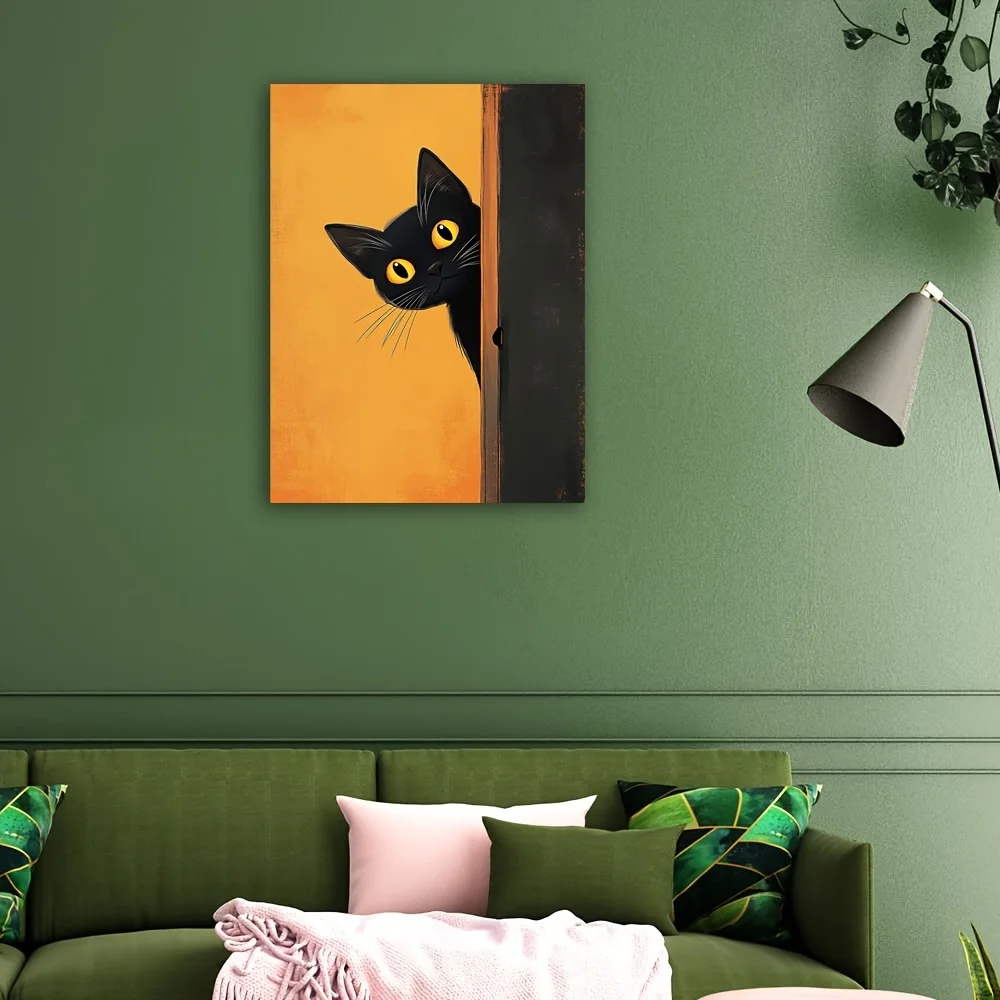 (No frame)2D Flat, 1pc Modern Black Cat Peeking Out Door - Wrap-Around Framed Canvas Suitable for Home Office, Cute Yellow Ba