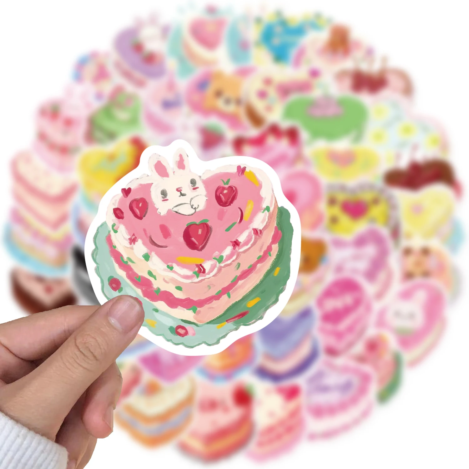 50PCS Kawaii Heart Shaped Birthday Cake Stickers Cute Decals Decoration DIY Skateboard Scrapbook Laptop Fridge Car Kids Toy 