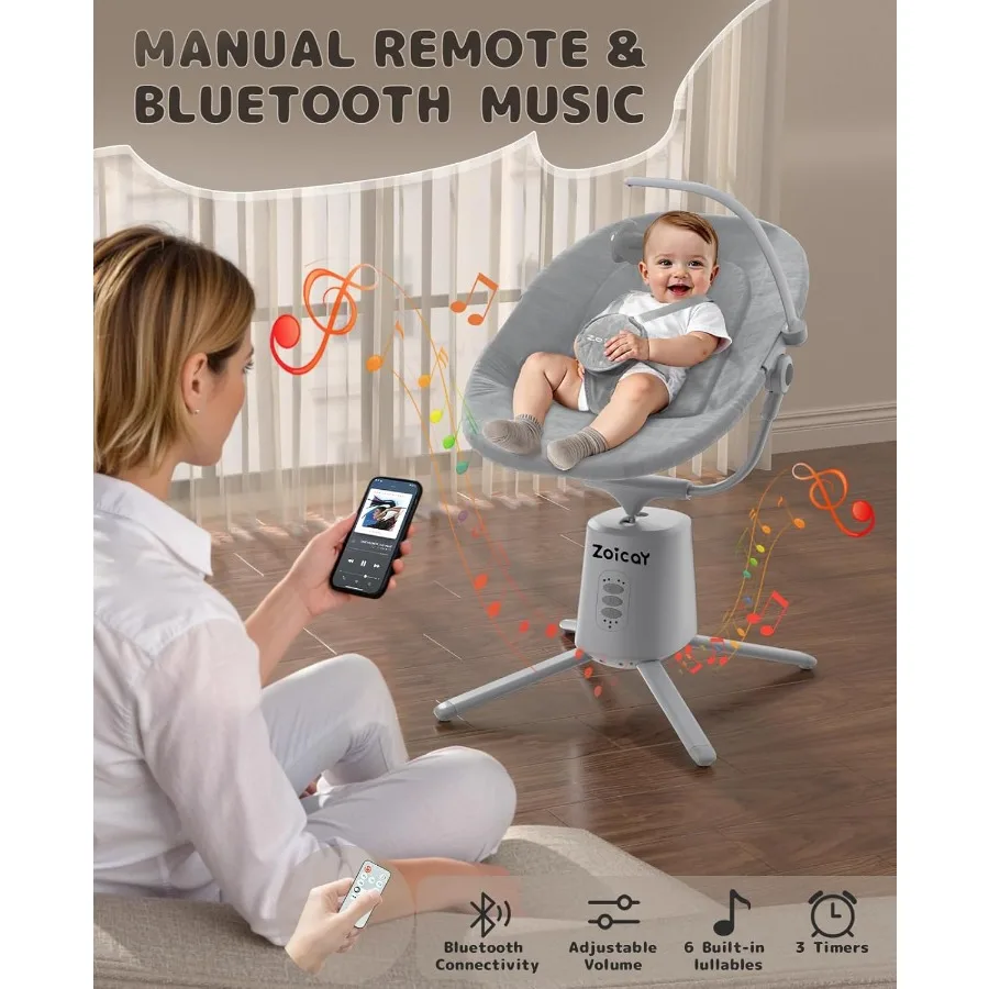 Lichtgewicht babyschommel voor baby's met 3 modi, 5 snelheden, BT-compatibele app, afstandsbediening, elektrische schommel, 6 slaapliedjes en 3 T