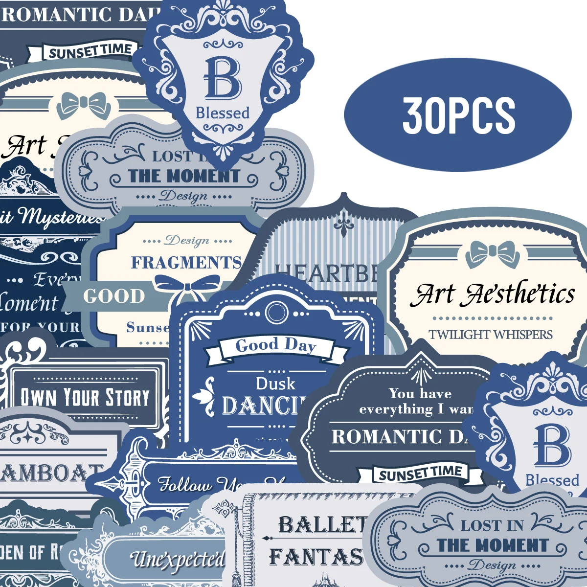 

30pcs Blue English Label Stickers Decorate Notebook, Water Bottle, Suitcase and Mobile Phone, DIY Scrapbook, Home Decoration