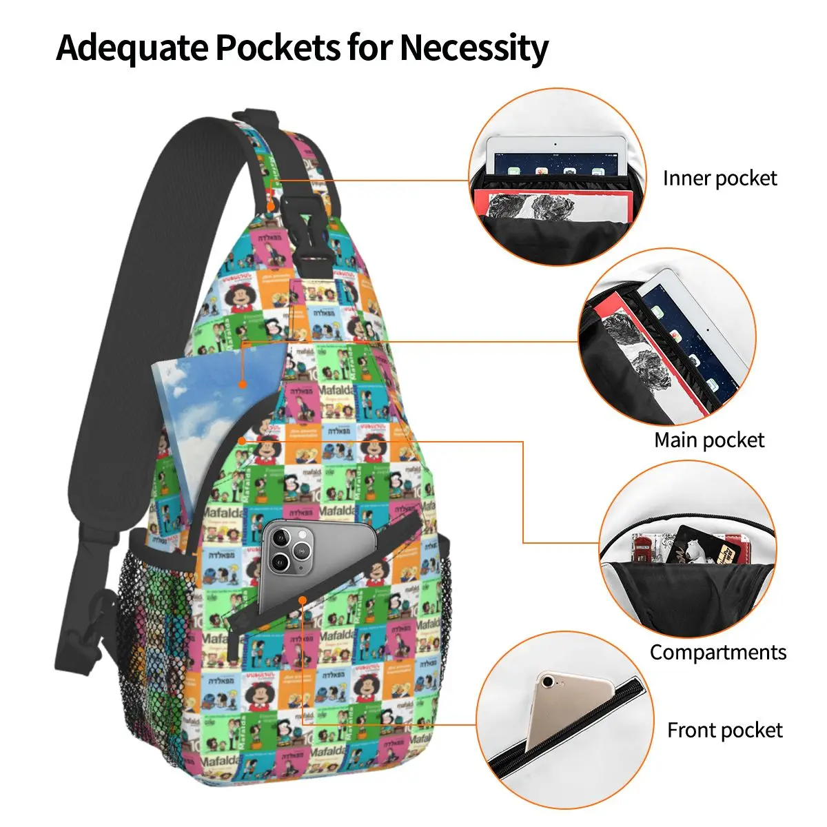 Anime Plaid Mafalda Cross body Schulter taschen coole Brusttasche Schulter rucksack Tages rucksack zum Wandern Outdoor-Fahrrad tasche