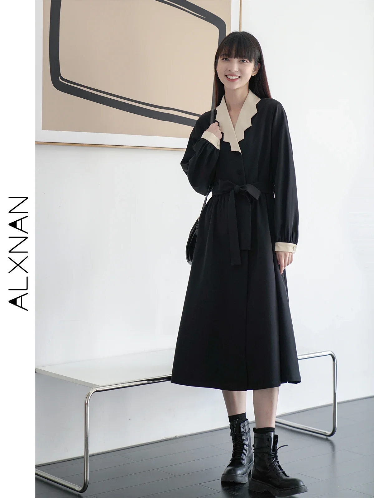 

ALXNAN Autumn Patchwork A-line Midi Dress for Women 2024 French Style Black V-neck High Waisted Long Sleeve Dresses LXN13806