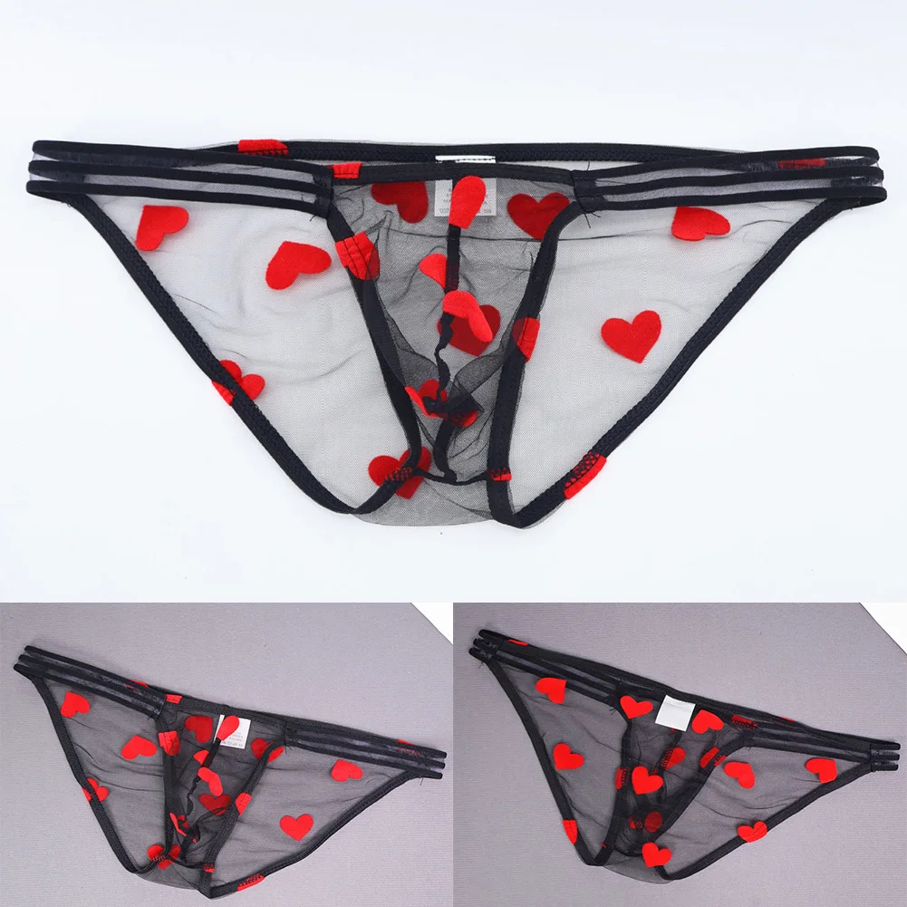

Mesh Briefs Heart Printed Panties Classic Style Comfortable Fit Lightweight Fabric Male Underwear For Daily Use