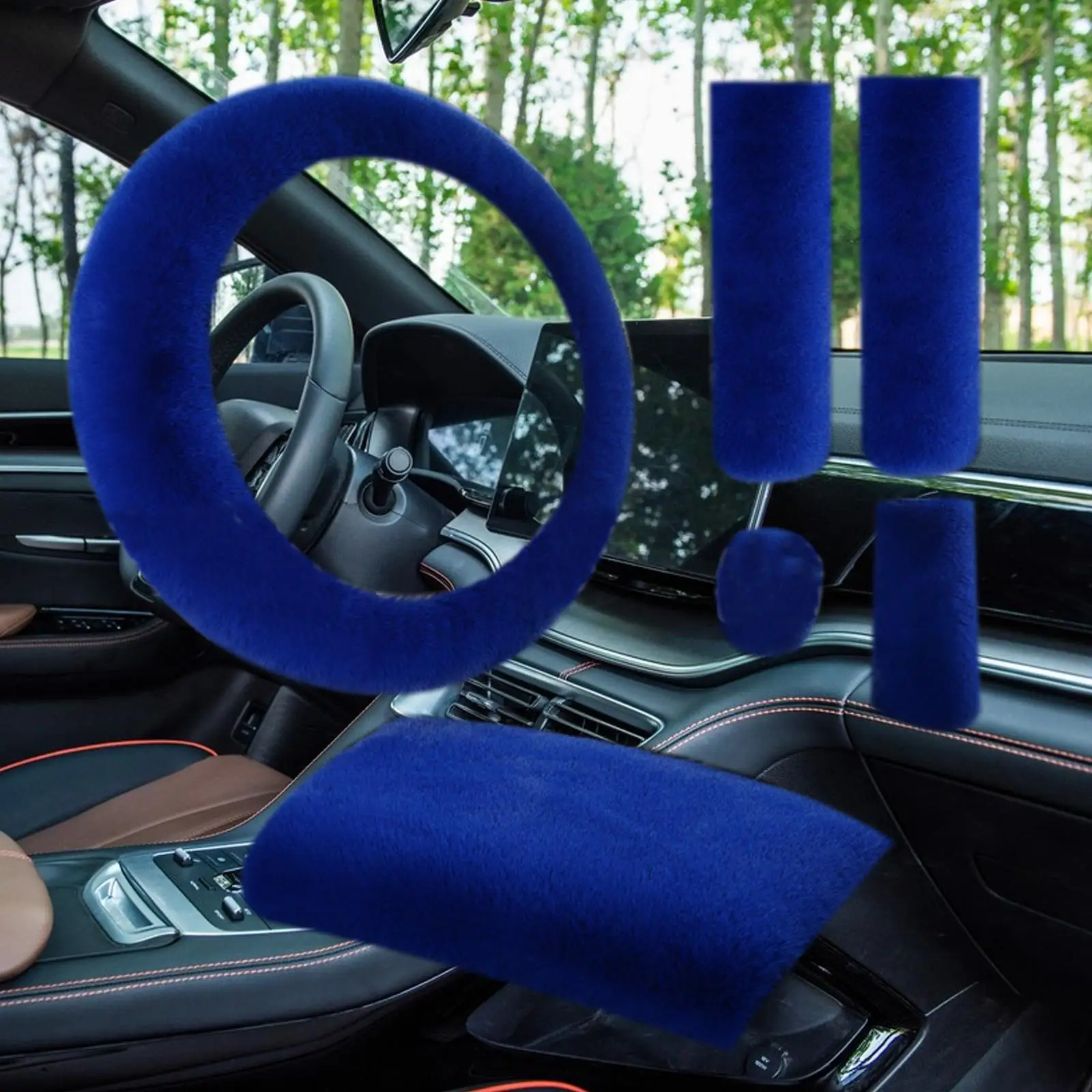 6x Generic Plush Car Steering Wheel Cover Blue Breathable Central Control Storage Cover Warm Car Accessories Protective Cover