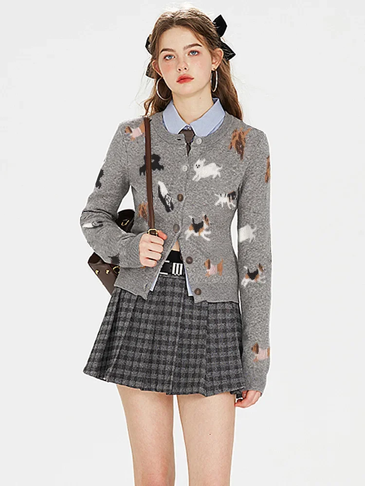 

ADAgirl Funny Animal Graphic Knitted Cardigan Long Sleeve Button Up Sweater Preppy Style Winter Vintage Jacquard Grey Cute Tops