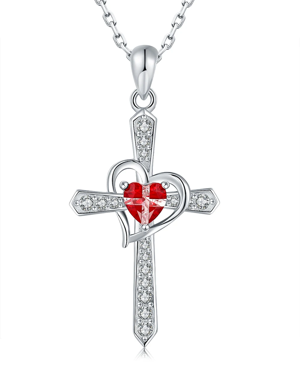 925 Sterling Silver Cross Birthstone Pendant With Red Heart Handcrafted Inlay Zircon Faith Love Jewelry, Birthday Gift for Women