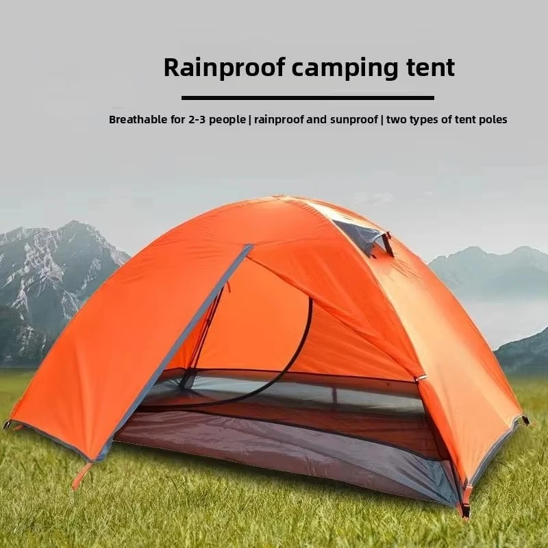 2 Person Double Layer Three Camping Tent, Fiberglass Frame Cloth Hiking Tent, Rainproof Sunscreen Outdoor Tent