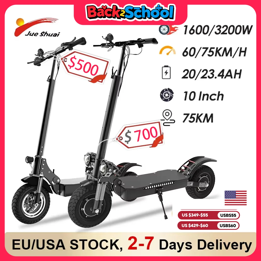 

1600W/3200W Dual MOTOR Electric Scooter 10" TubelesTire 60-75 km/h 52/60V Battery 80km Long Range Foldable E Scooter for Adults