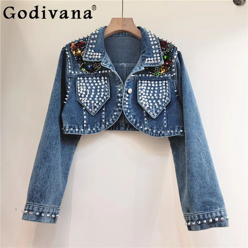 

Girl New Fashion Heavy Industry Long Sleeve Blue Denim Jacket Spring Autumn Loose European Diamonds Versatile Street Short Top