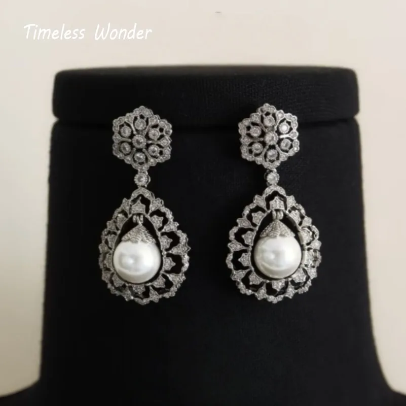 Timeless Wonder Fancy Crystal Zircon Geo Lace Stud Earrings for Women Designer Fashion Jewelry Luxury Top Rare Gift Sweet 3610