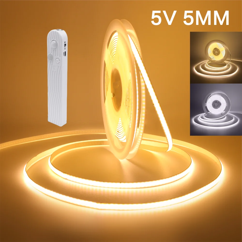 

5MM COB LED Strip Light 5V 320Leds/m Motion Sensor Flexible LED Tape 4*AAA Battery Powered Ribbon Diode Warm Natural Cold White