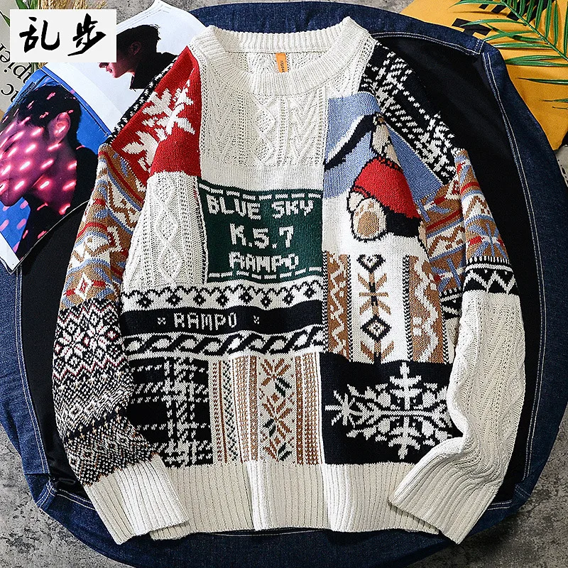 

Мужской вязаный свитер свободного кроя, повседневный, с мультяшной вышивкой, длинный рукав, круглый вырез, базовый слой для многослойных образов