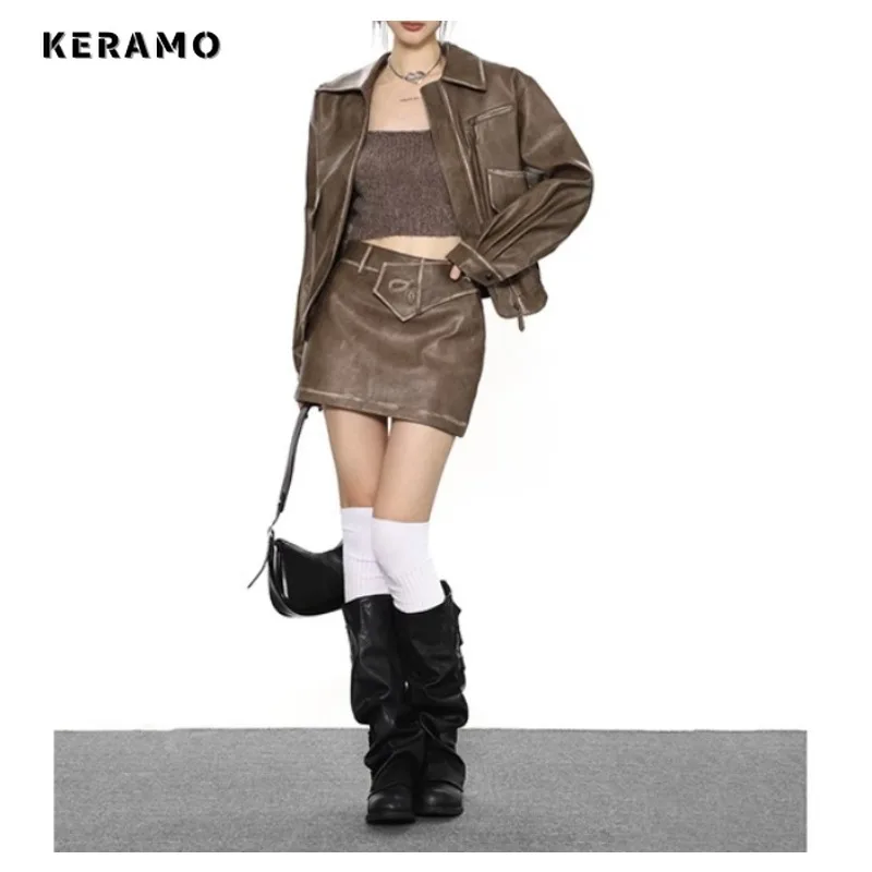 2023 Autumn Vintage Motocycle Style 2 Piece Set Women Long Sleeve Retro Coat + A-line Skirt Sexy Leather Two Piece Skirt Set